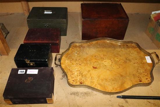3 Morocco leather jewellery boxes and 2 other boxes and a tray
